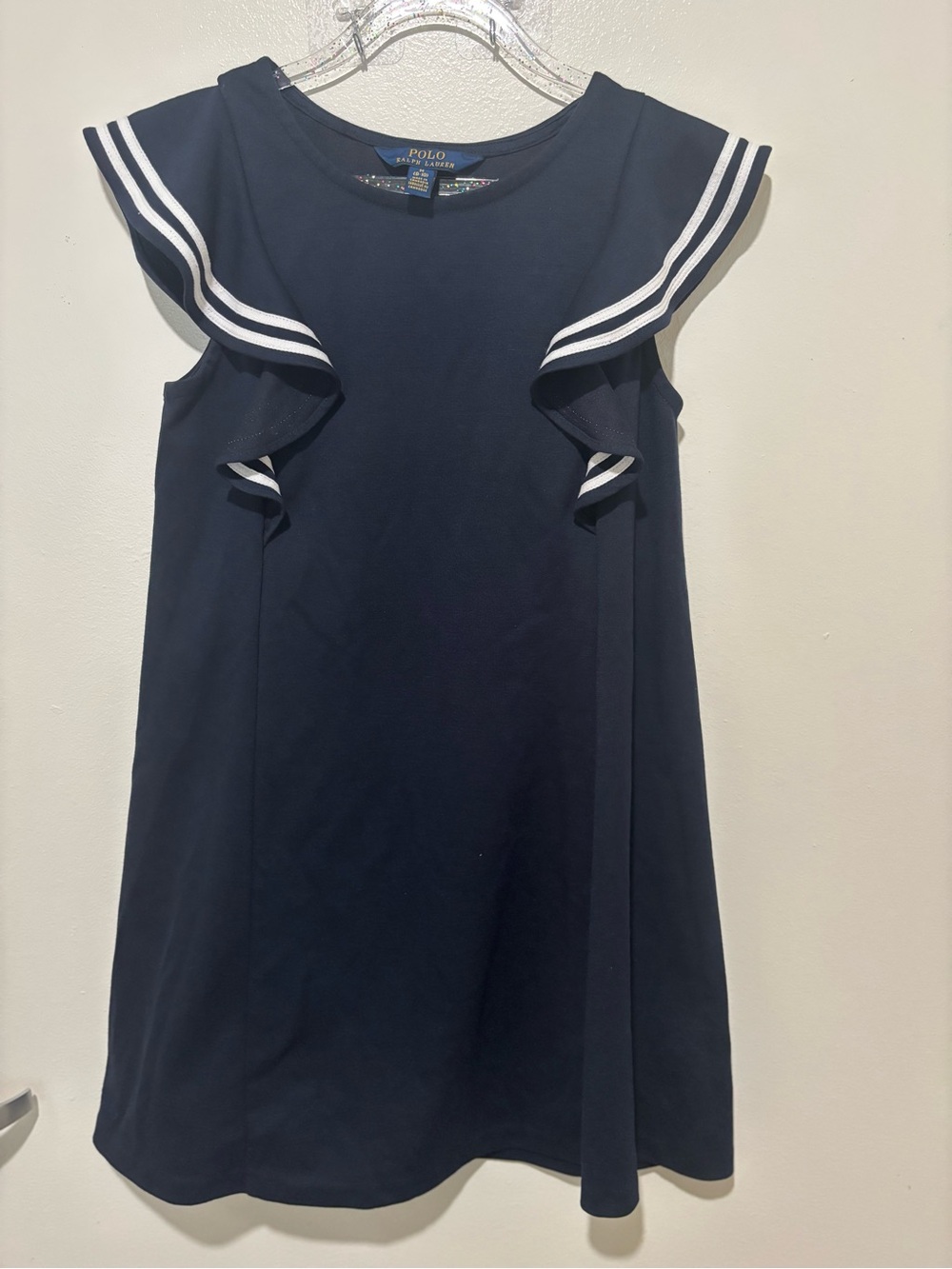 Polo by Ralph Lauren Navy Dress with White Stripe Ruffle Sleeves